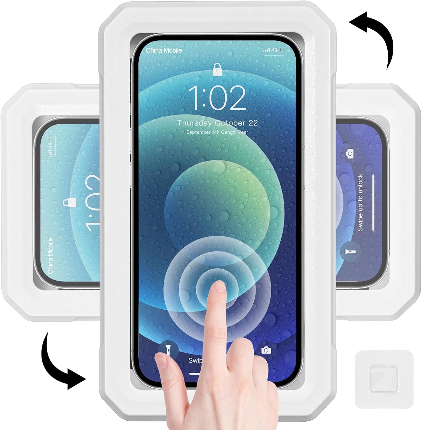 Shower Phone Holder Wall Mounted 360°Rotation Waterproof HD Phone Stand Case for Bathroom Bathtub Mirror Compatible with Iphone 16 15 14 13 12 11 plus Pro Max for 4" to 7" Phone (White)