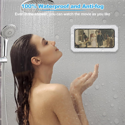 Shower Phone Holder Wall Mounted 360°Rotation Waterproof HD Phone Stand Case for Bathroom Bathtub Mirror Compatible with Iphone 16 15 14 13 12 11 plus Pro Max for 4" to 7" Phone (White)