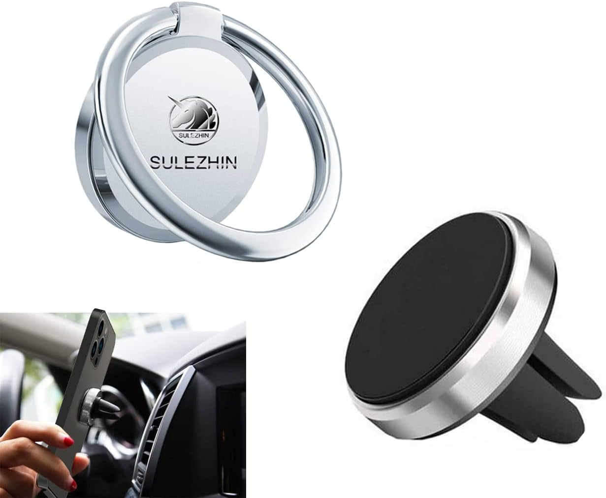 360° Rotating Metal Phone Ring Holder and Magnetic Car Mount, Compatible with iPhone 11 Pro, XS Max, XR, X, 8, and All Smartphones, Silver-2