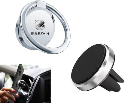 360° Rotating Metal Phone Ring Holder and Magnetic Car Mount, Compatible with iPhone 11 Pro, XS Max, XR, X, 8, and All Smartphones, Silver-2