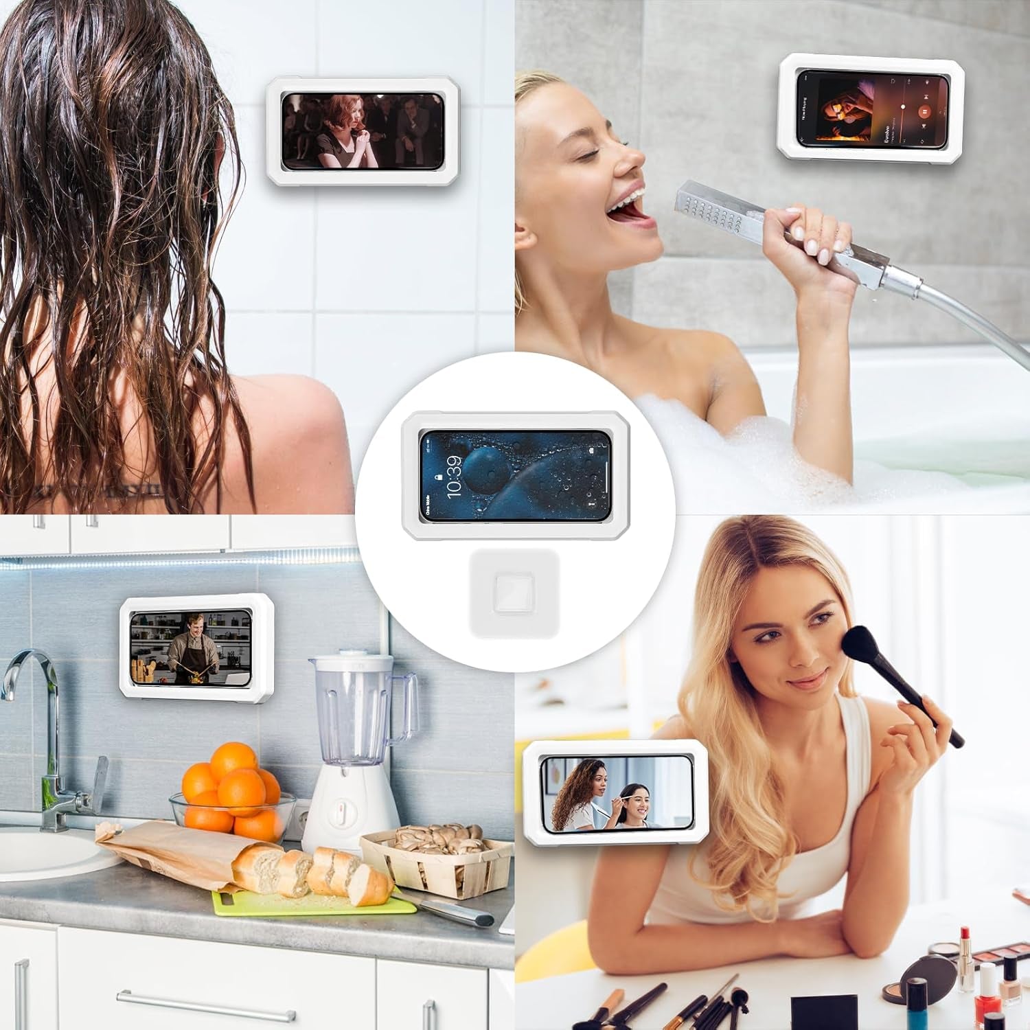 Shower Phone Holder Wall Mounted 360°Rotation Waterproof HD Phone Stand Case for Bathroom Bathtub Mirror Compatible with Iphone 16 15 14 13 12 11 plus Pro Max for 4" to 7" Phone (White)